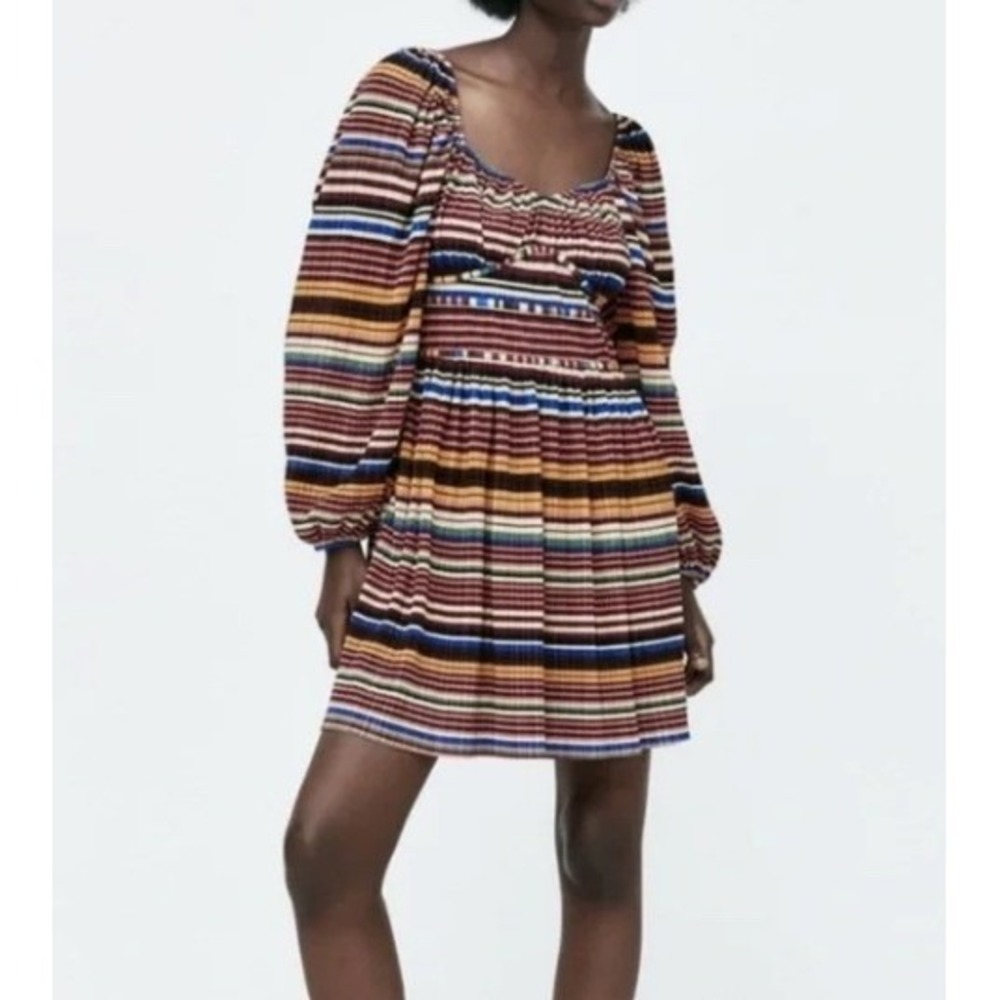 NWT Zara Multicolor Striped Pleated Empire Waist Babydoll Dress Long Sleeves M
